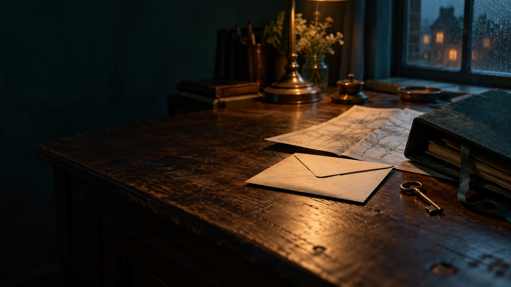 An unopened envelope, an old key and a map on a lamplit desk